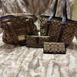 Coach Brown Signature Tote and Wallet Set
